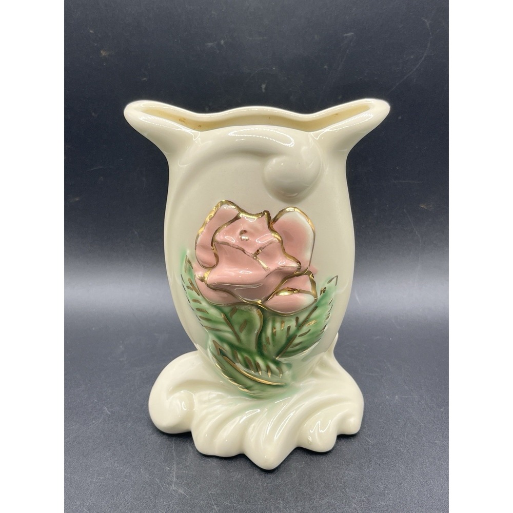 Vtg American Bisque Art Deco Wall Pocket-Pink Rose w/ Gold Trim‎ 1940s 6" Tall
